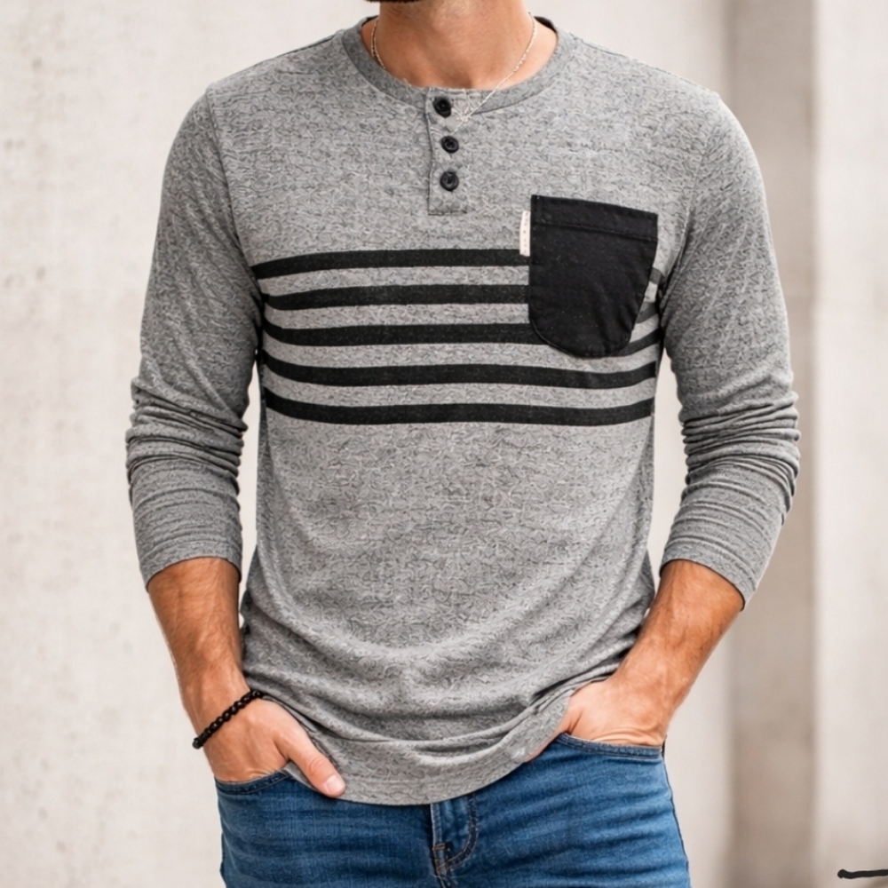 Marc Ecko Cut & Sew Men's Striped Henley Pocket Long Sleeve Gray Size L
